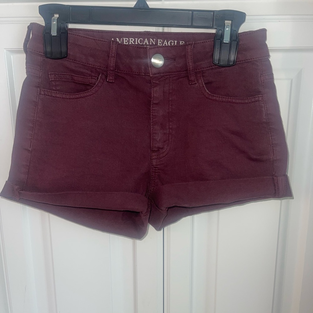American Eagle Super Stretch Hi-Rise Shortie Sz 4 Denim Jean Shorts Maroon